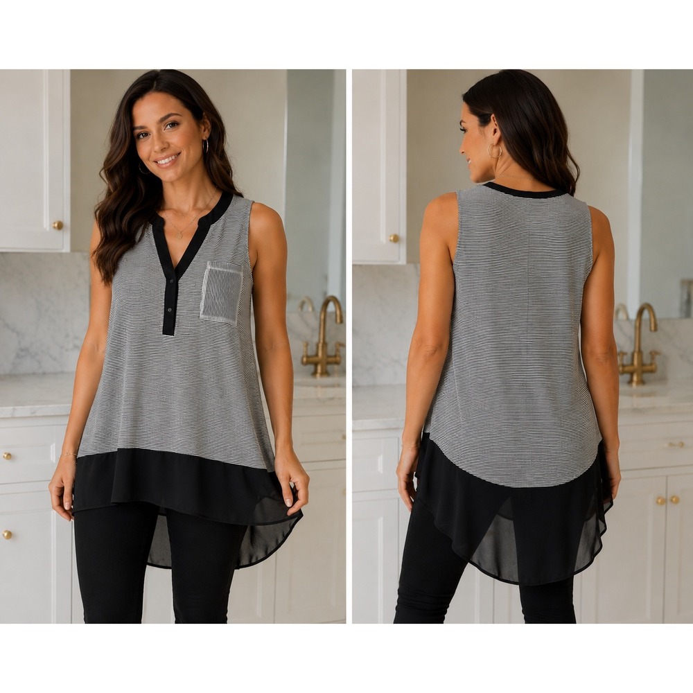 Melissa Nepton Tunic Top XL Black White‎ Striped Sleeveless V-Neck High-Low Hem